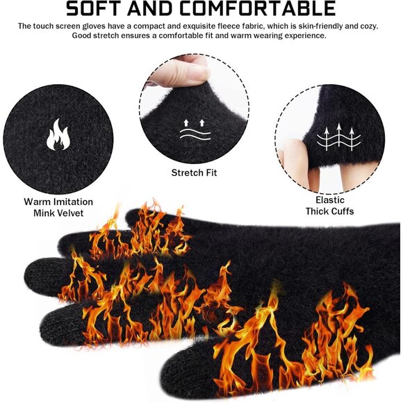 Women's Black Winter Touchscreen Velvet Elastic Warm Gloves for Cold Weather - Picture 3 of 6